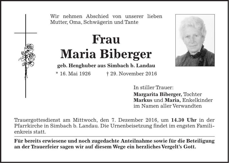 Traueranzeige Maria Biberger