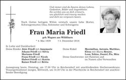 Traueranzeige Maria Friedl