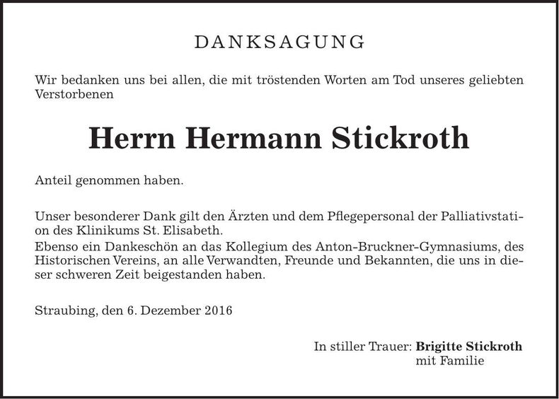 Traueranzeige Hermann Stickroth