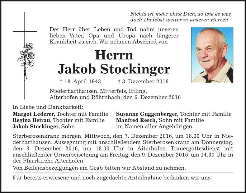 Traueranzeige Jakob Stockinger