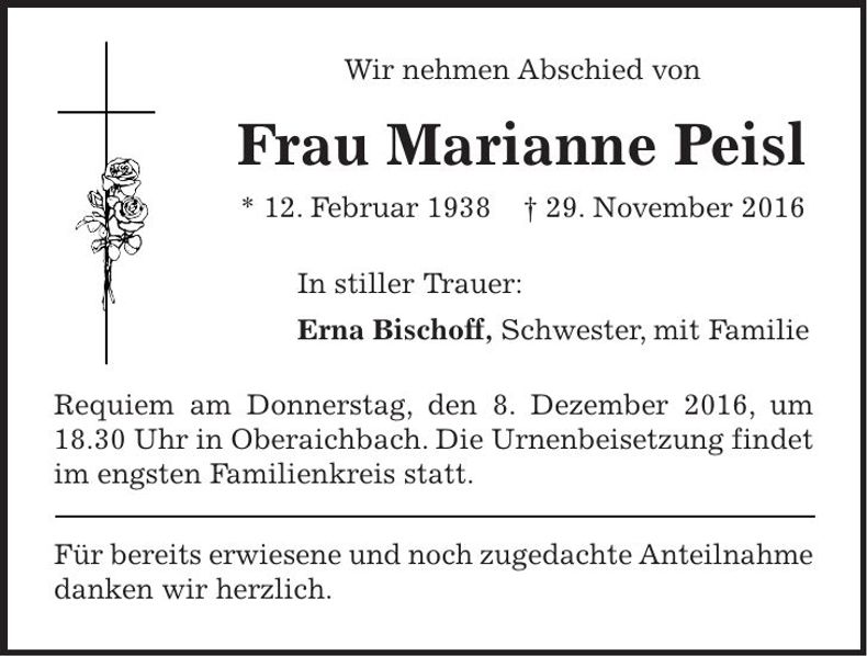 Traueranzeige Marianne Peisl