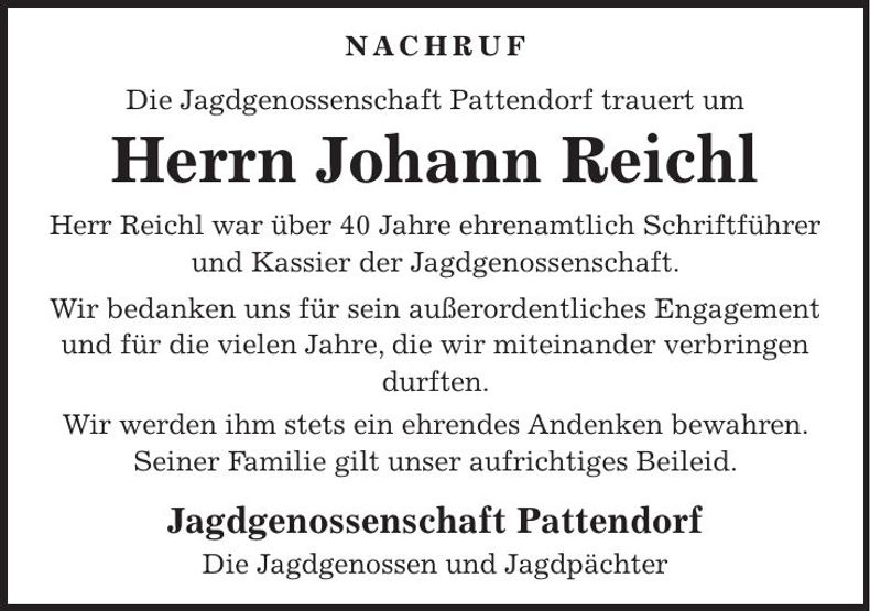 Traueranzeige Johann Reichl