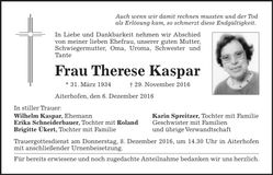 Traueranzeige Therese Kaspar