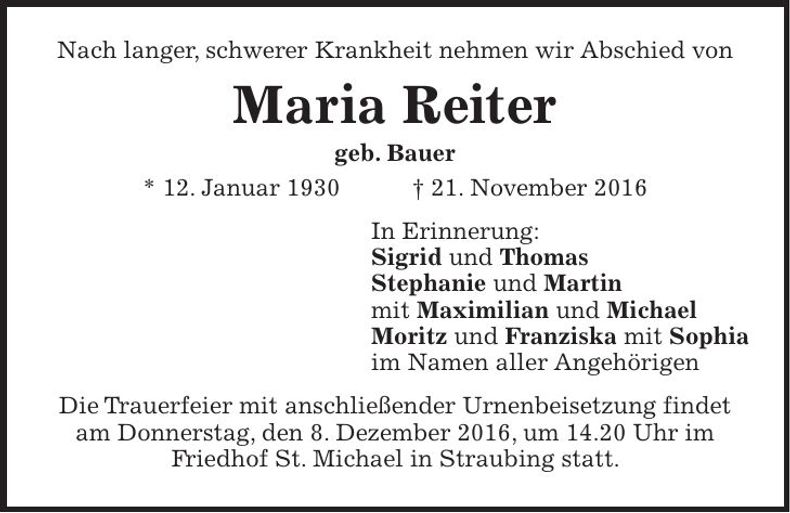 Traueranzeige Maria Reiter
