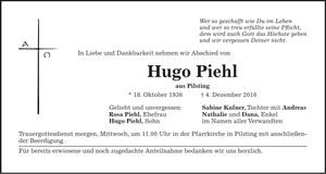 Traueranzeige Hugo Piehl