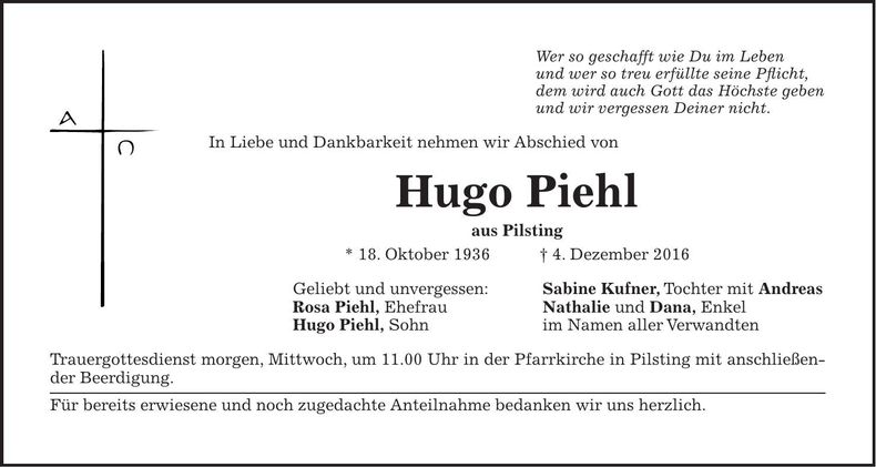 Traueranzeige Hugo Piehl