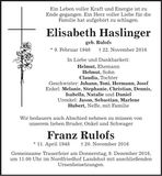 Traueranzeige Elisabeth/Franz Haslinger/Rulofs