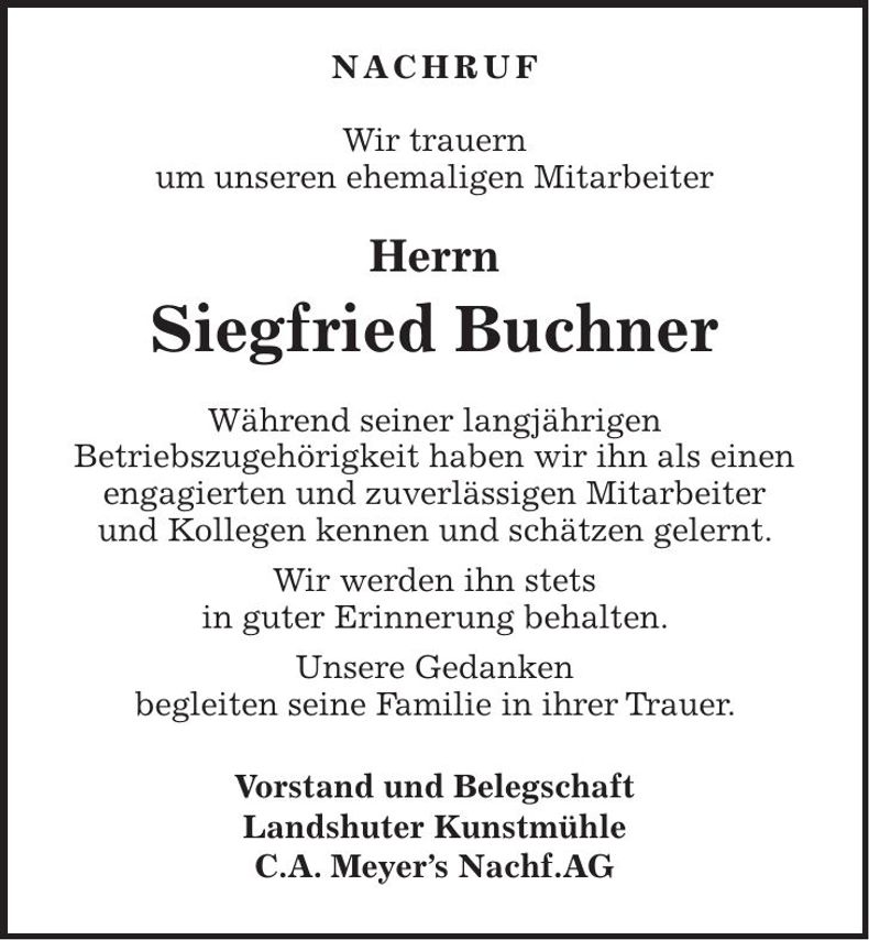 Traueranzeige Siegfried Buchner