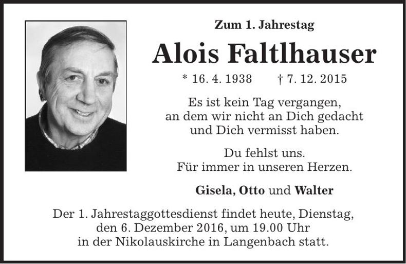 Traueranzeige Alois Faltlhauser