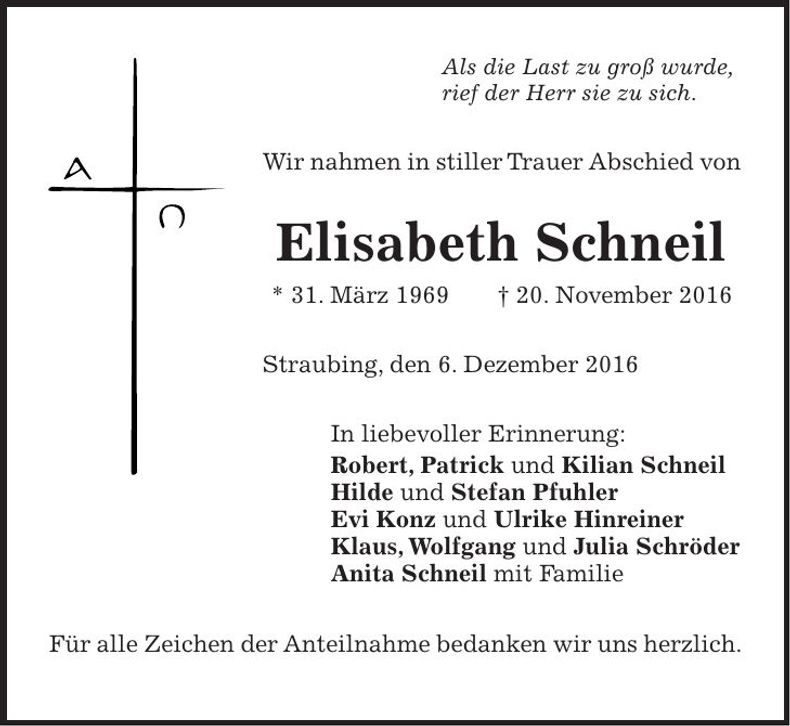 Traueranzeige Elisabeth Schneil