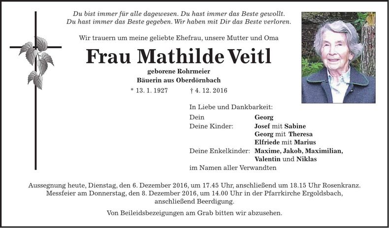 Traueranzeige Mathilde Veitl
