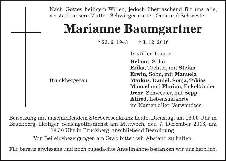 Traueranzeige Marianne Baumgartner