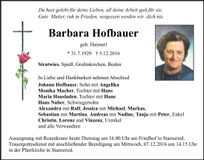 Traueranzeige Barbara Hofbauer