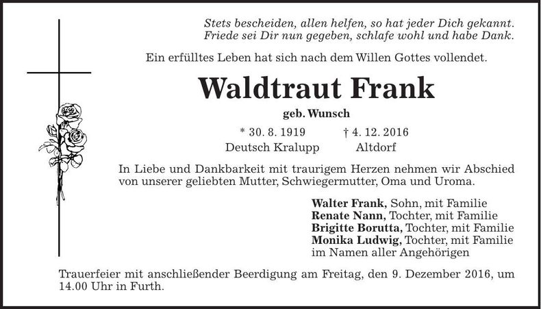 Traueranzeige Waldtraut Frank