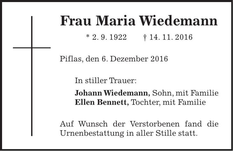 Traueranzeige Maria Wiedemann