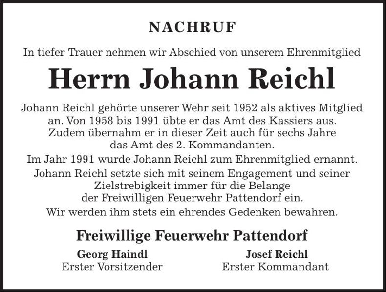 Traueranzeige Johann Reichl