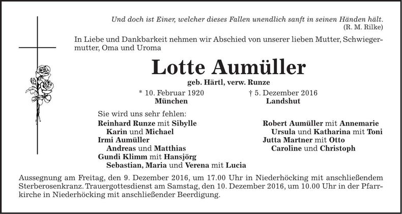 Traueranzeige Lotte Aumüller