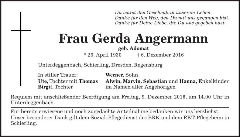 Traueranzeige Gerda Angermann