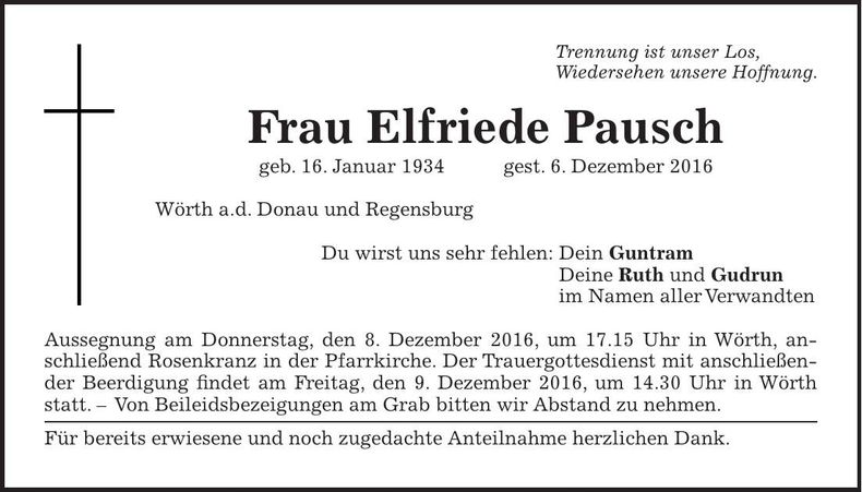 Traueranzeige Elfriede Pausch