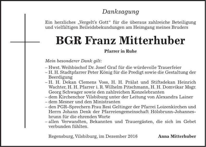 Traueranzeige Franz Mitterhuber