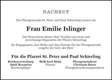 Traueranzeige Emilie Islinger
