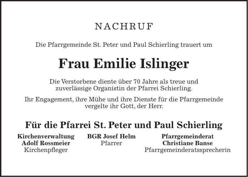 Traueranzeige Emilie Islinger