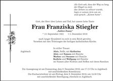 Traueranzeige Franziska Stiegler
