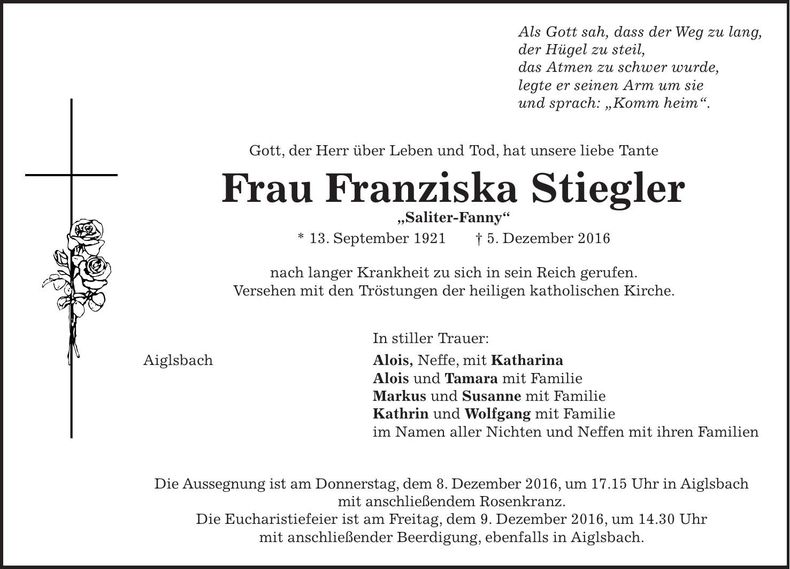 Traueranzeige Franziska Stiegler