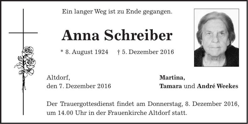 Traueranzeige Anna Schreiber