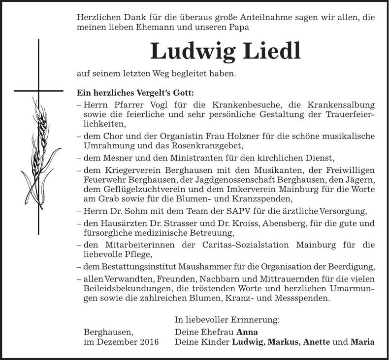 Traueranzeige Ludwig Liedl