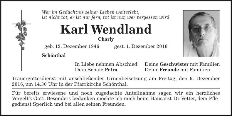 Traueranzeige Karl Wendland