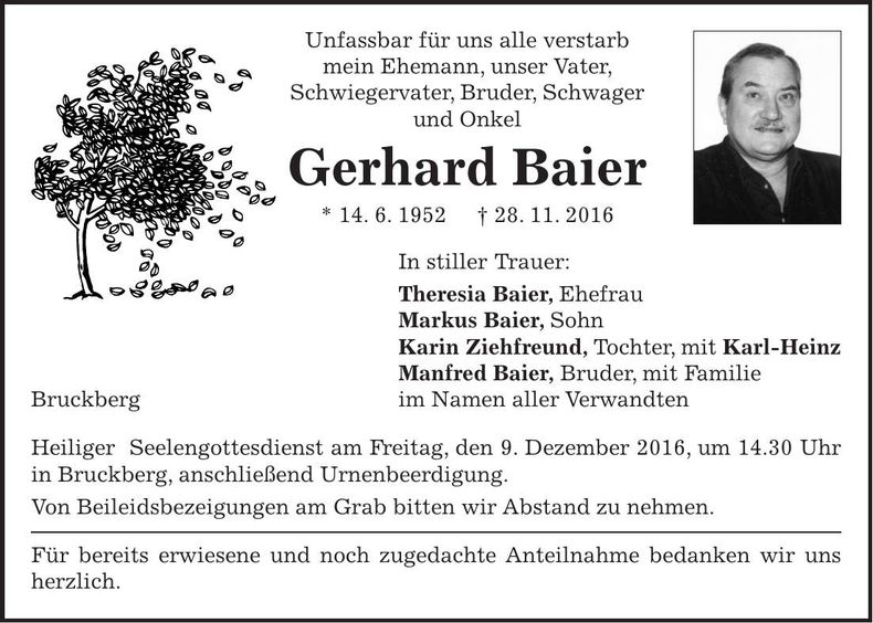 Traueranzeige Gerhard Baier
