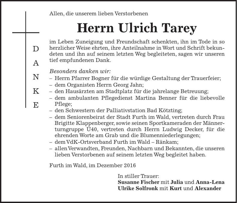 Traueranzeige Ulrich Tarey