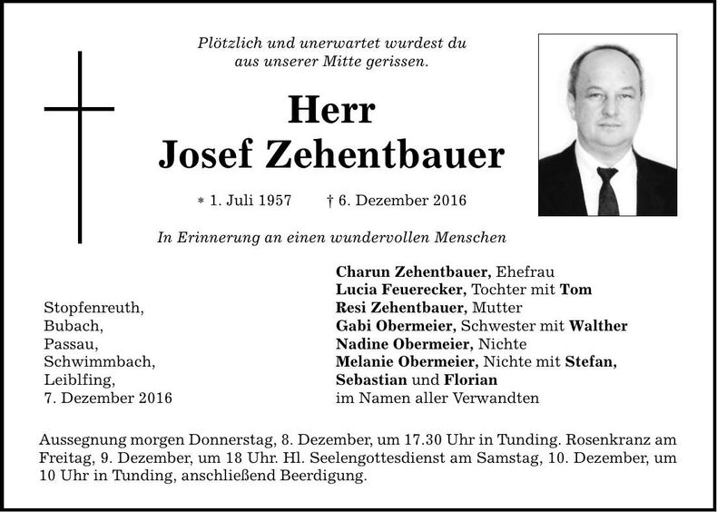 Traueranzeige Josef Zehentbauer