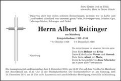 Traueranzeige Albert Reitinger