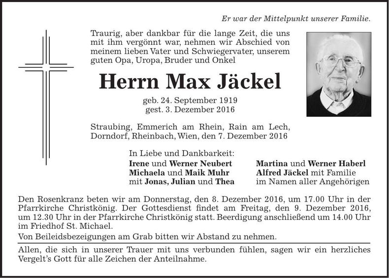 Traueranzeige Max Jäckel