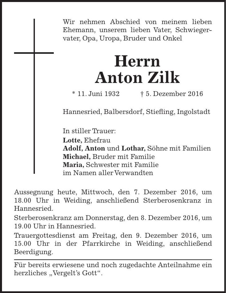 Traueranzeige Anton Zilk
