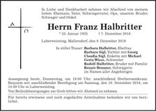 Traueranzeige Franz Halbritter