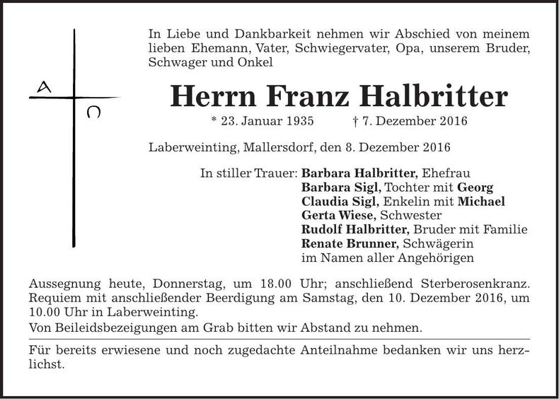 Traueranzeige Franz Halbritter