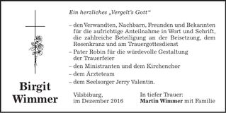 Traueranzeige Birgit Wimmer