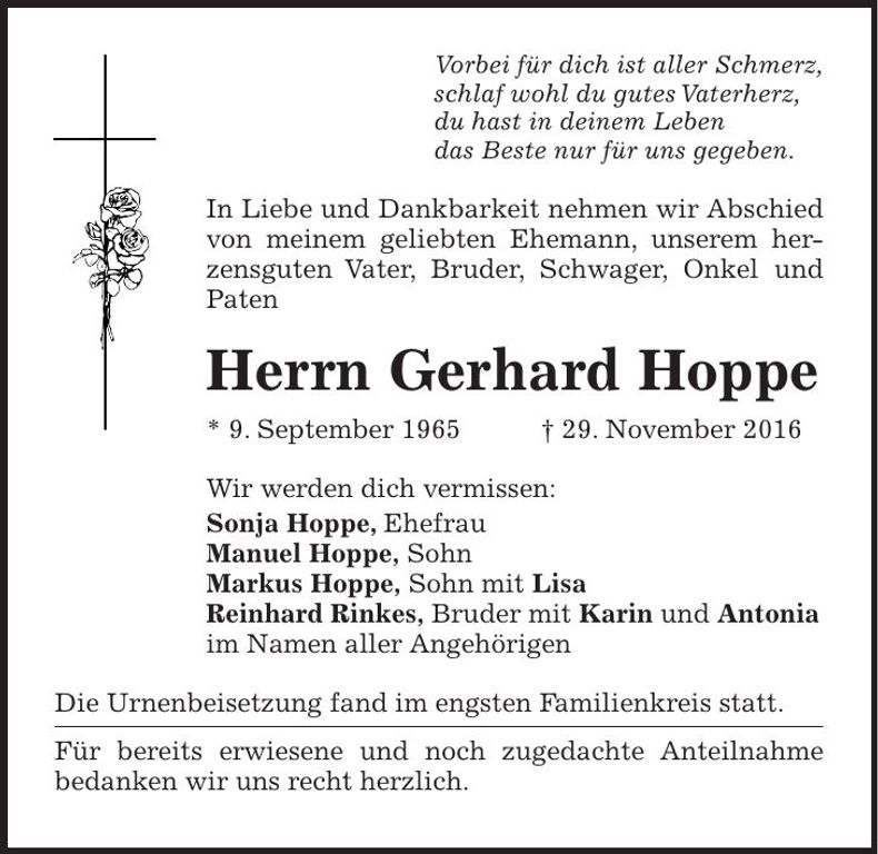 Traueranzeige Gerhard Hoppe