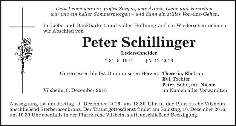 Traueranzeige Peter Schillinger