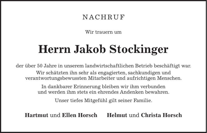 Traueranzeige Jakob Stockinger