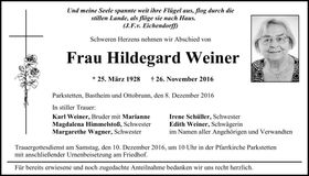 Traueranzeige Hildegard Weiner