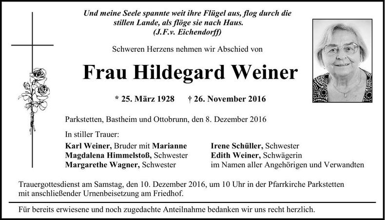 Traueranzeige Hildegard Weiner