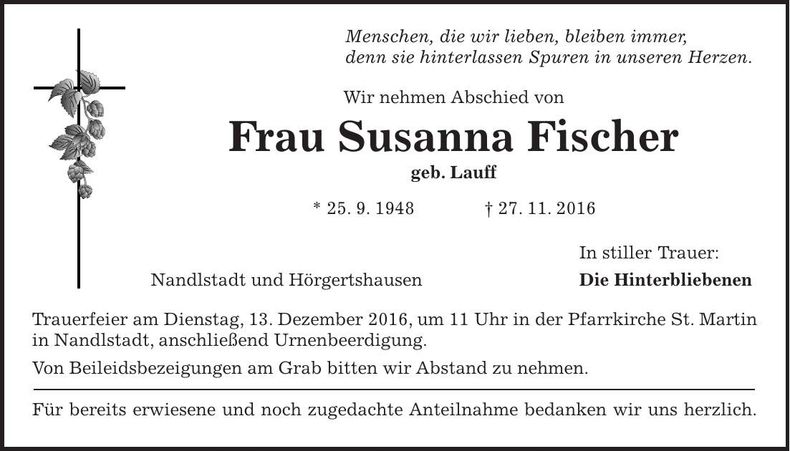 Traueranzeige Susanna Fischer