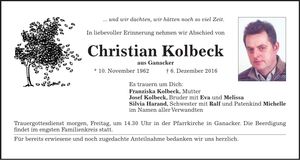 Traueranzeige Christian Kolbeck