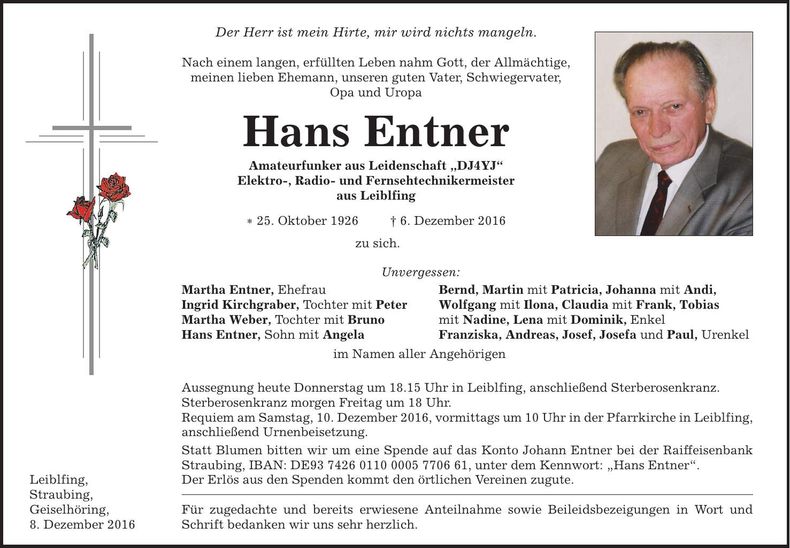 Traueranzeige Hans Entner
