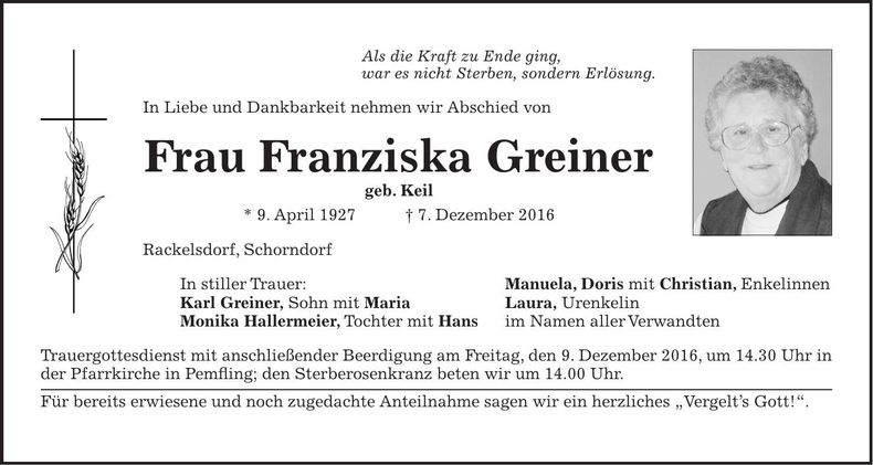 Traueranzeige Franziska Greiner