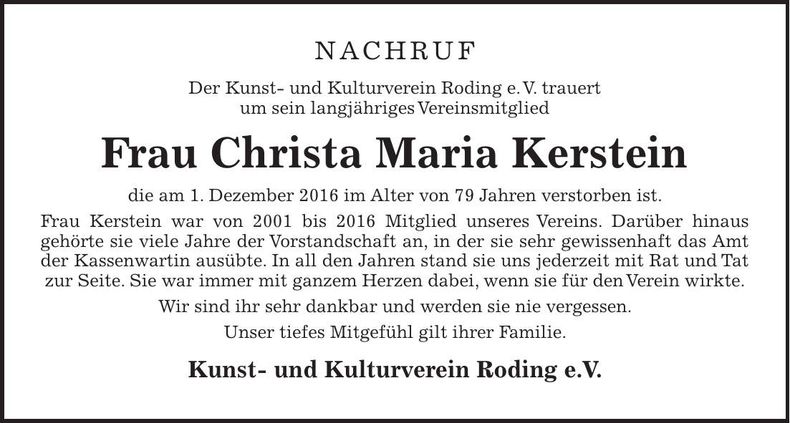 Traueranzeige Maria Kerstein